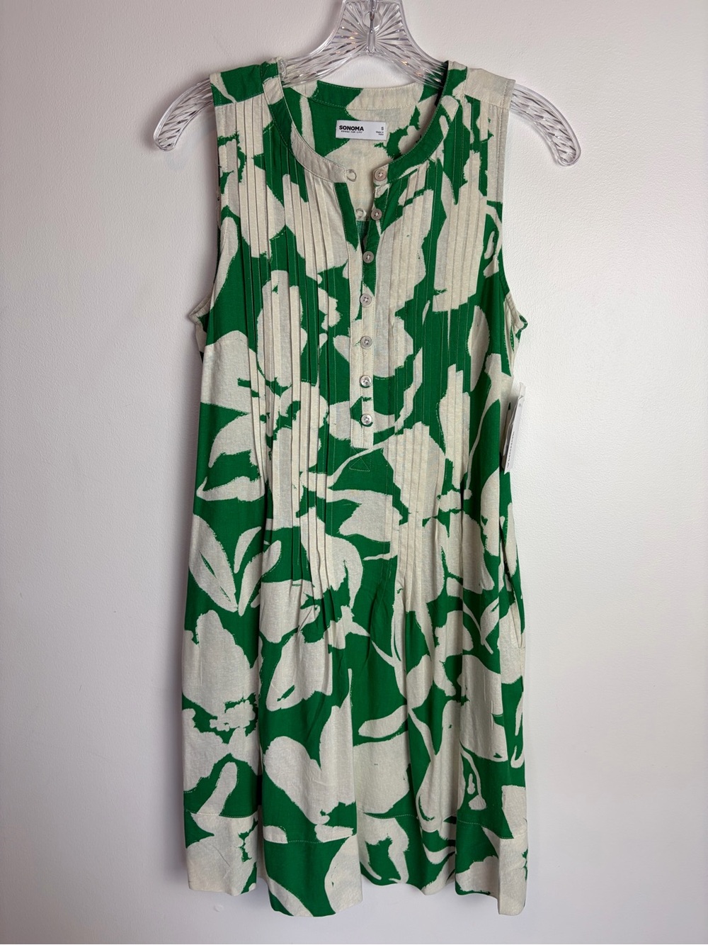 Sonoma Sleeveless Green & Cream Floral Button Dress
